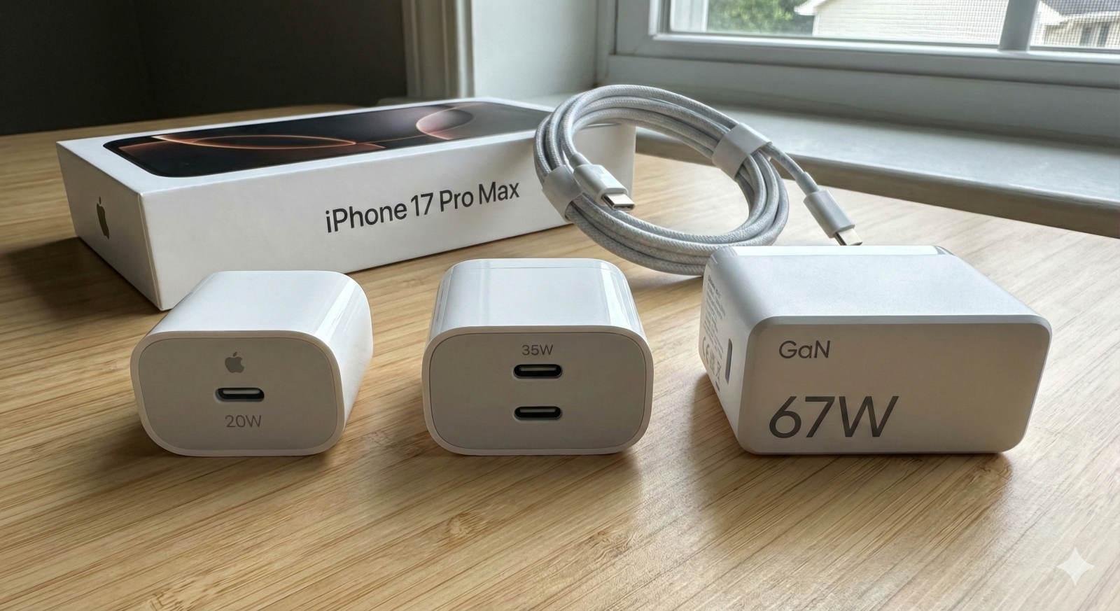 So sánh kích thước và công suất các loại củ sạc nhanh 20W 35W và 67W dành cho iPhone 16 và 17 tại Tiến Nguyễn Mobile